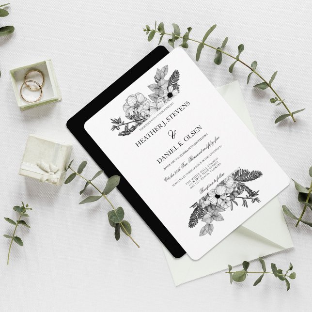 Invitación Boda blanco negro floral simple y elegante (Subido por el creador)