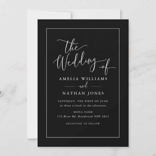 Invitación Boda Blanco Negro Foto Escritura Rústica   (Anverso)