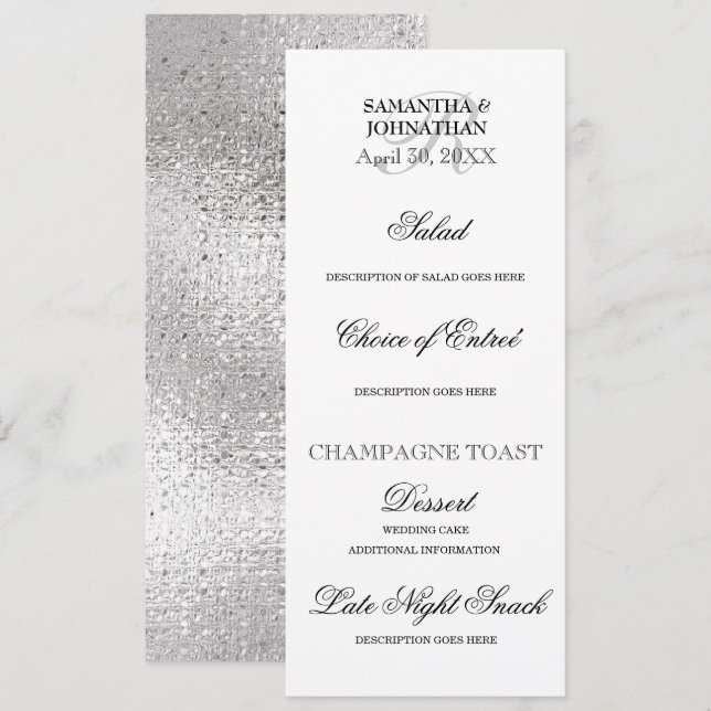 Invitación Boda blanco negro plateado menú DIY cena fiesta (Anverso / Reverso)