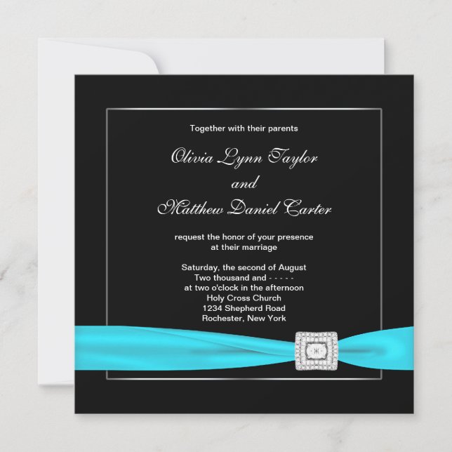 Invitación Boda Blanco Negro Turquesa Plateado (Anverso)