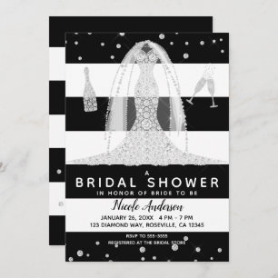 Invitación Boda blanco negro vestida con ducha de novia