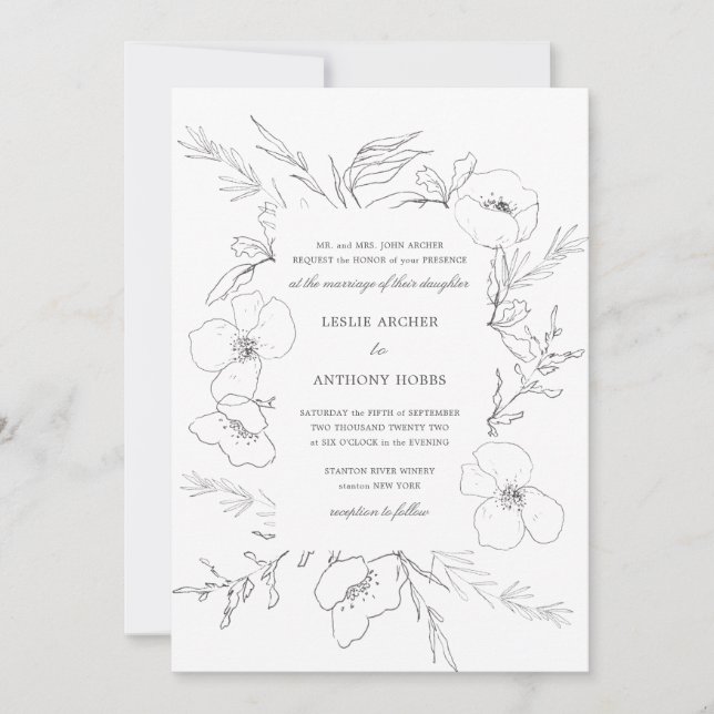 Invitación Boda blanco peony con dibujos a mano (Anverso)
