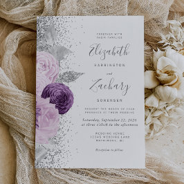 Invitación Boda blanco Purpurina Plata Púrpura Floral
