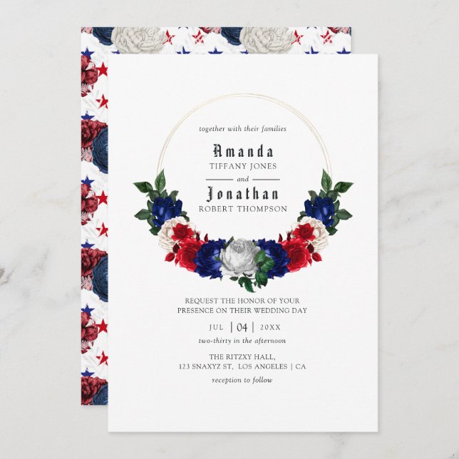 Invitación Boda Blanco Rojo y Azul del 4 de julio (Anverso / Reverso)