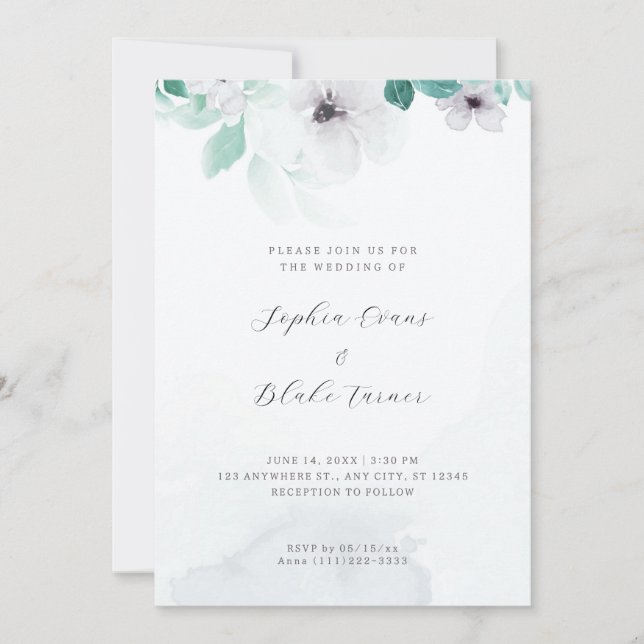 Invitación Boda blanco romántico y floral verde (Anverso)