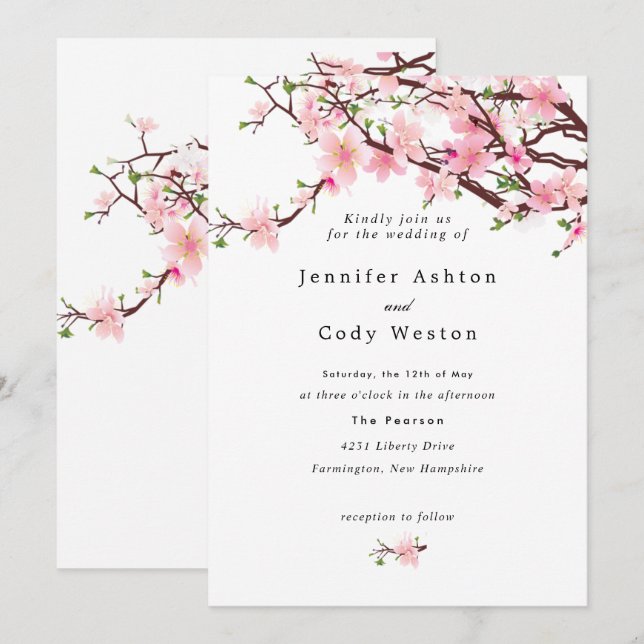 Invitación Boda blanco rosa pálido en los cerezos de primaver (Anverso / Reverso)