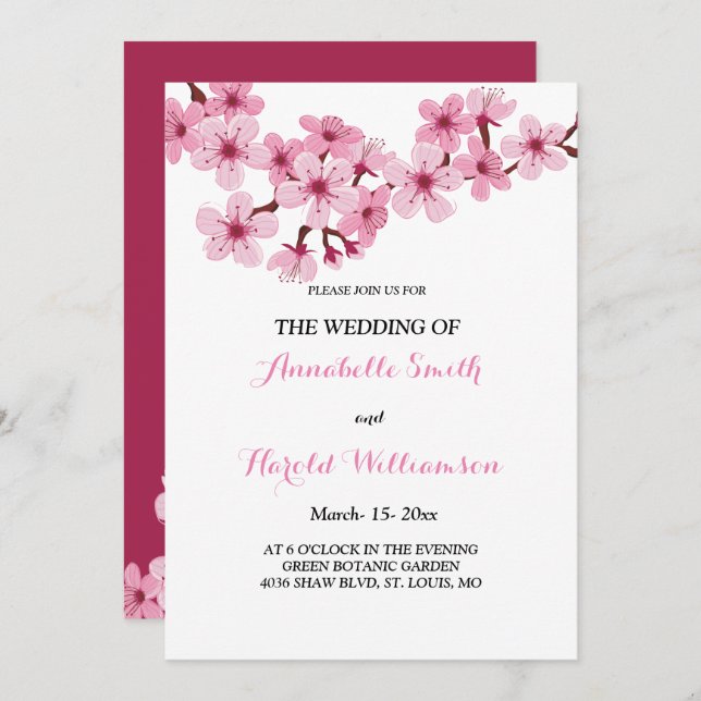 Invitación Boda blanco rosado con flores de cerezo (Anverso / Reverso)