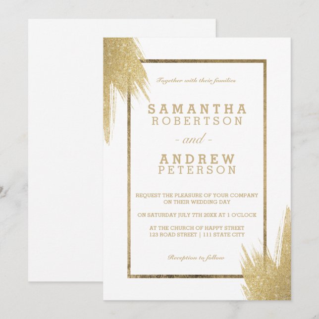 Invitación Boda blanco simple de pinceles dorados (Anverso / Reverso)