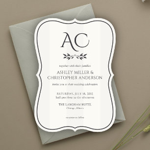 Invitación Boda blanco suave y rayado de monograma minimalist