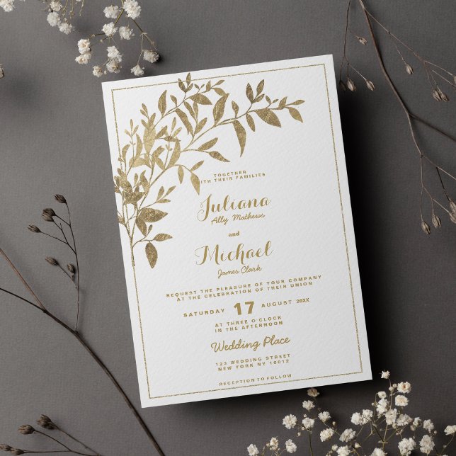 Invitación Boda blanco tradicional de follaje de oro (Gold foliage floral traditional white Wedding)