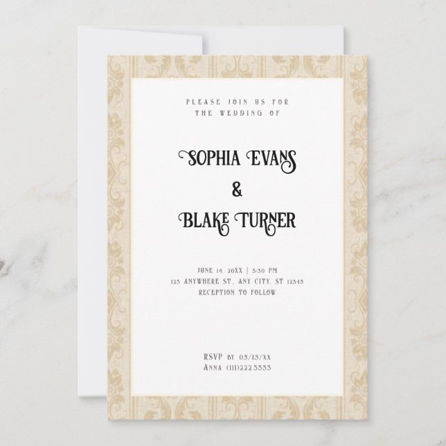 Invitación Boda blanco tradicional elegante de Damasco dorado (Anverso)