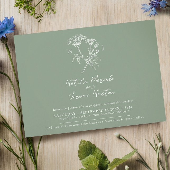 Invitación Boda blanco verde botánico de cornflower hartwort (Subido por el creador)