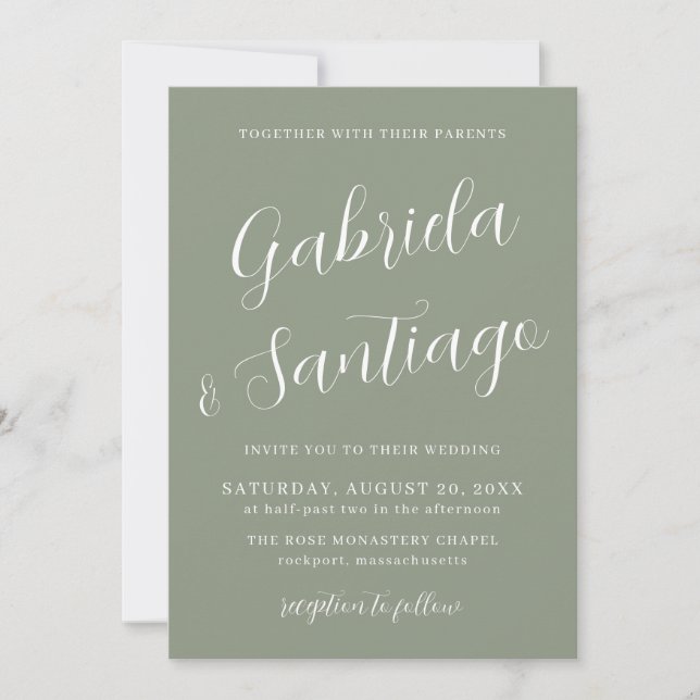 Invitación Boda blanco verde de guión simple (Anverso)