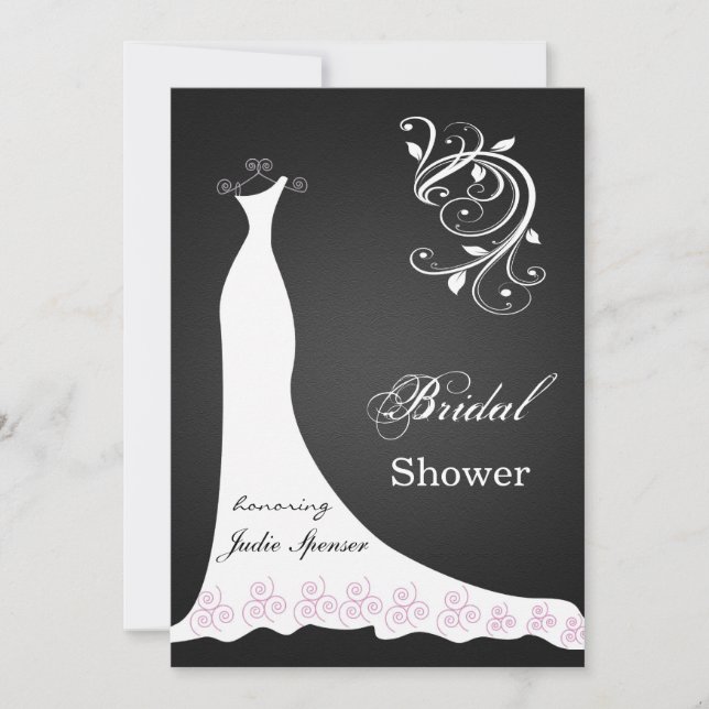 Invitación boda blanco vestido con ducha negra de novia (Anverso)