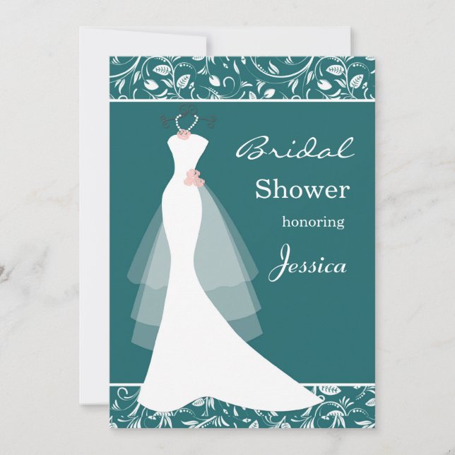 Invitación boda blanco vestido en verde azulada ducha de novi (Anverso)