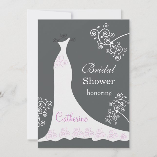 Invitación boda blanco vestido, gira sobre la ducha negra de  (Anverso)