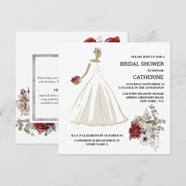 Invitación Boda blanco vestido rojo rosa moda floral floral (Anverso / Reverso)