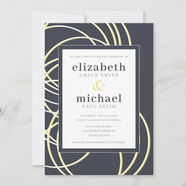 Invitación Boda blanco y amarillo azul moderno y Moda (Anverso)