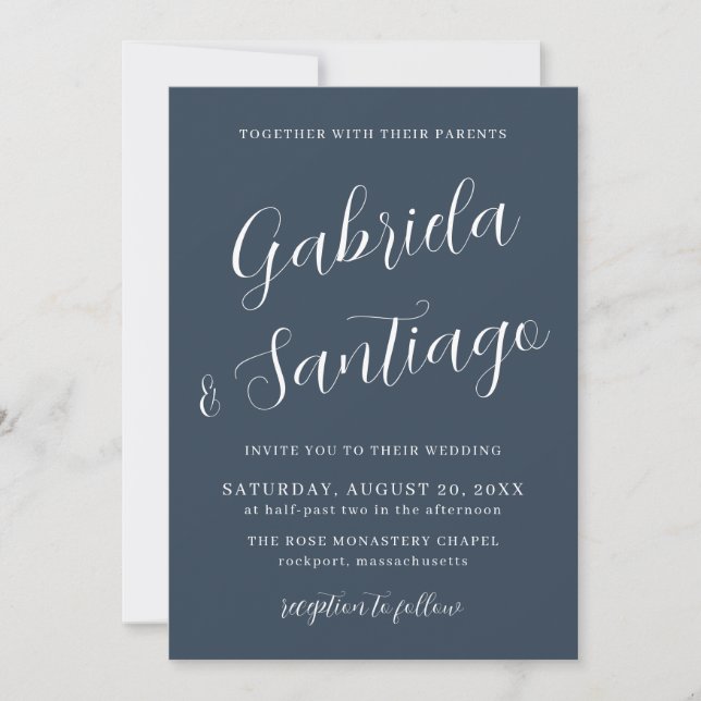 Invitación Boda blanco y azul de la marina de script simple (Anverso)