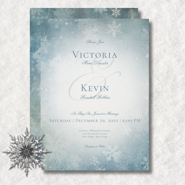 Invitación Boda blanco y azul de nieve que cae románticamente (Romantic Falling Snow Blue & White Wedding Invitation)