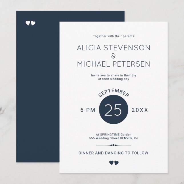 Invitación Boda blanco y azul marino elegante y sencillo (Anverso / Reverso)