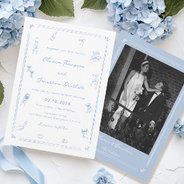 Invitación Boda blanco y azul turbio dibujado a mano