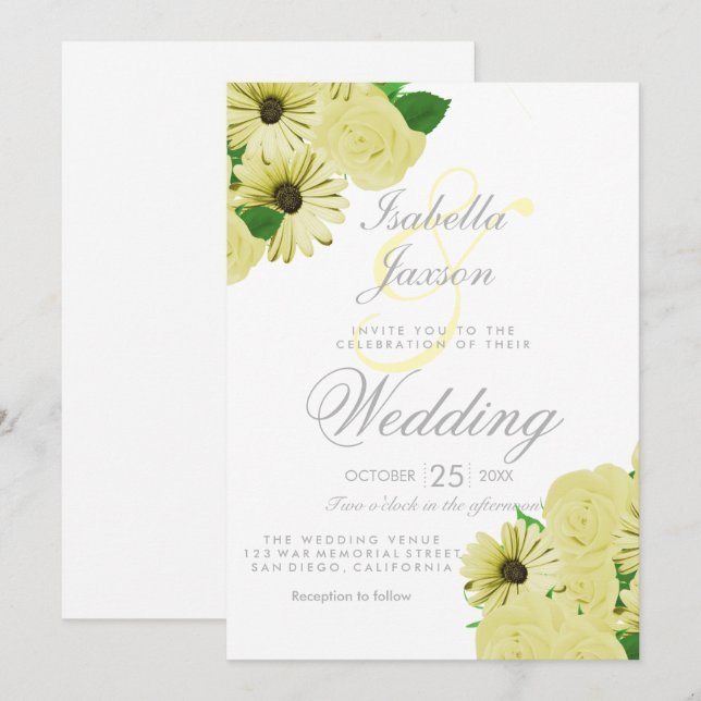 Invitación Boda blanco y Boda amarillo pastel (Anverso / Reverso)