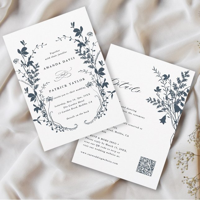 Invitación Boda blanco y marina de flor salvaje (Front & Back)