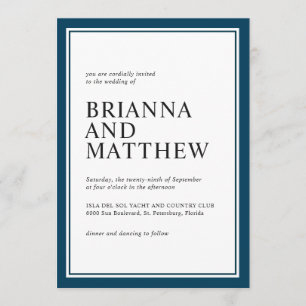 Invitación Boda blanco y naval clásico simple
