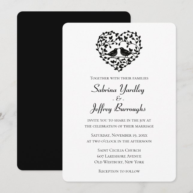 Invitación Boda Blanco Y Negro Amantes Corazón Floral (Anverso / Reverso)