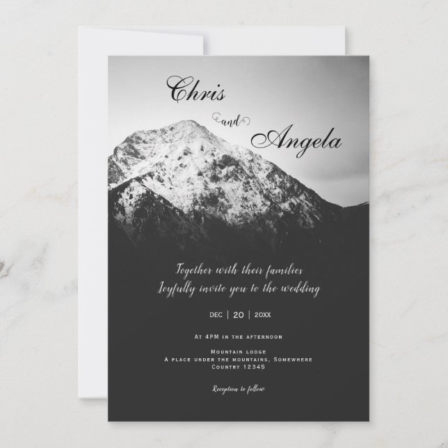 Invitación Boda blanco y negro bajo las montañas (Anverso)