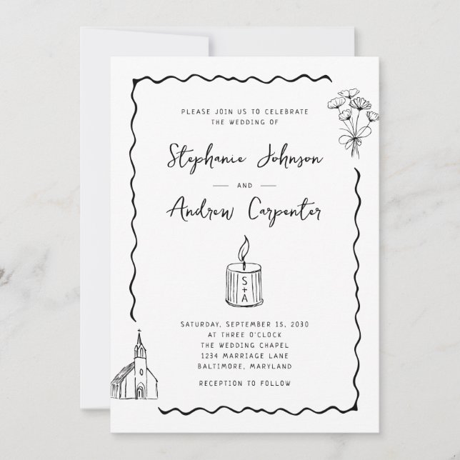 Invitación Boda blanco y negro brillante (Anverso)