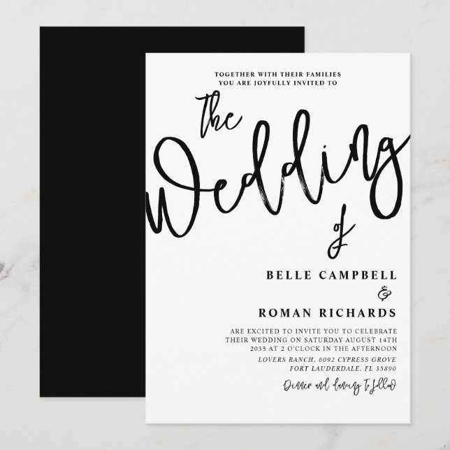 Invitación Boda blanco y negro con caligrafía moderna (Anverso / Reverso)
