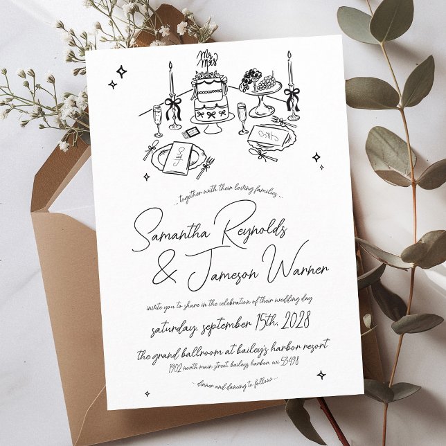 Invitación Boda blanco y negro con grieta de mano retro (Fun retro hand drawn wedding table with cake candles and bows illustration handwritten wedding set)