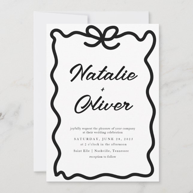 Invitación Boda blanco y negro de borde dibujado a mano (Anverso)