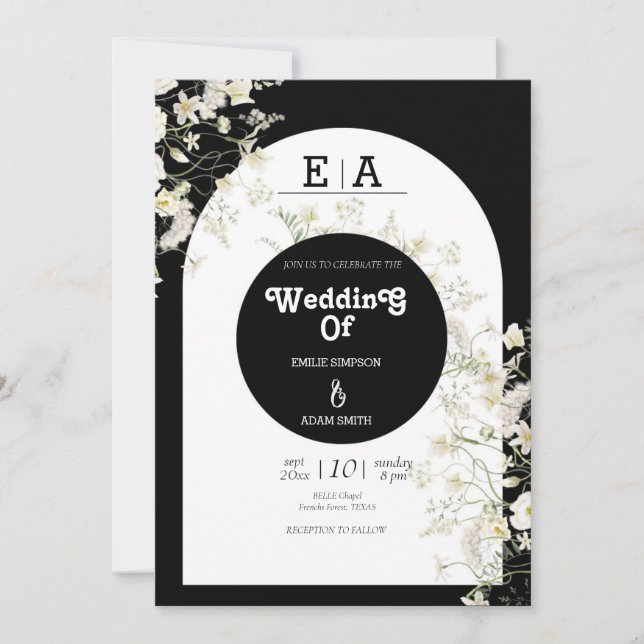 Invitación boda blanco y negro de clase (Anverso)