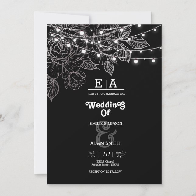 Invitación boda blanco y negro de clase (Anverso)