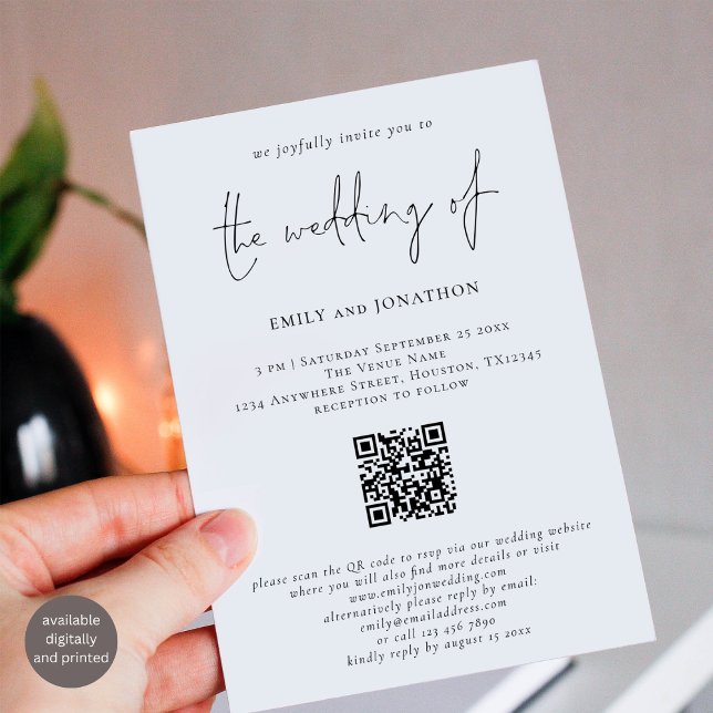 Invitación Boda blanco y negro de código QR de escritura mode (Subido por el creador)