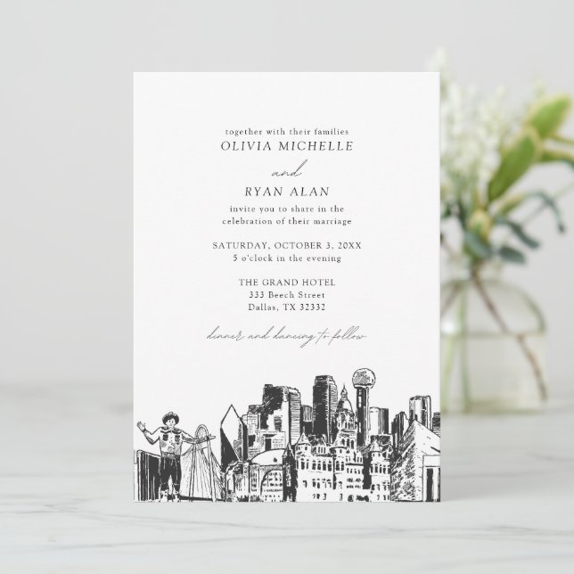 Invitación Boda blanco y negro de Dallas Texas Skyline (Anverso de pie)