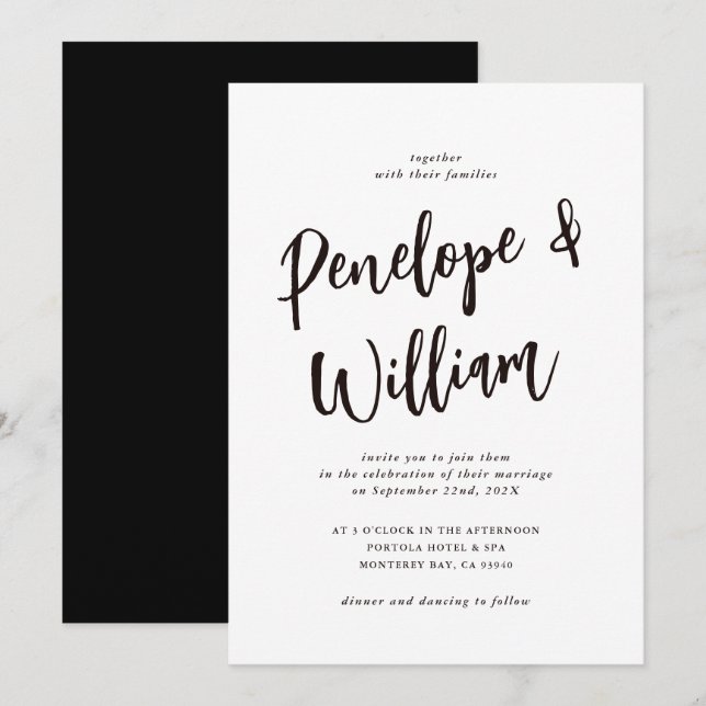 Invitación Boda blanco y negro de escritura mínima moderna (Anverso / Reverso)