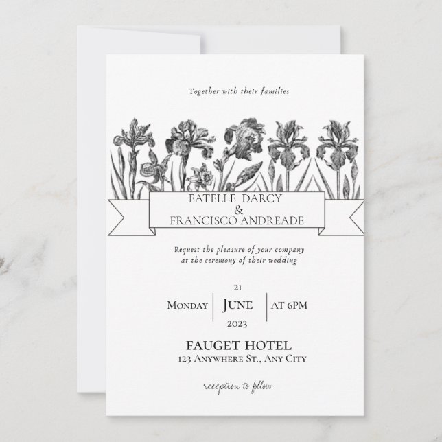 Invitación Boda blanco y negro de flor silvestre dibujado a m (Anverso)