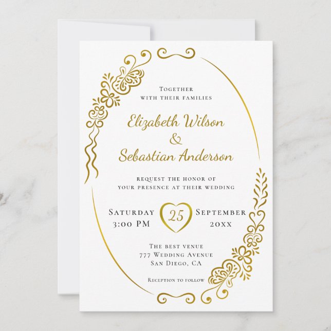 Invitación Boda blanco y negro de oro elegante y floreciente (Anverso)