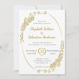 Invitación Boda blanco y negro de oro elegante y floreciente