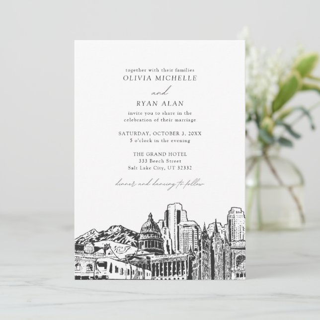 Invitación Boda blanco y negro de Salt Lake City moderno (Anverso de pie)
