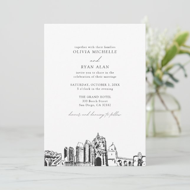 Invitación Boda blanco y negro de San Diego (Anverso de pie)