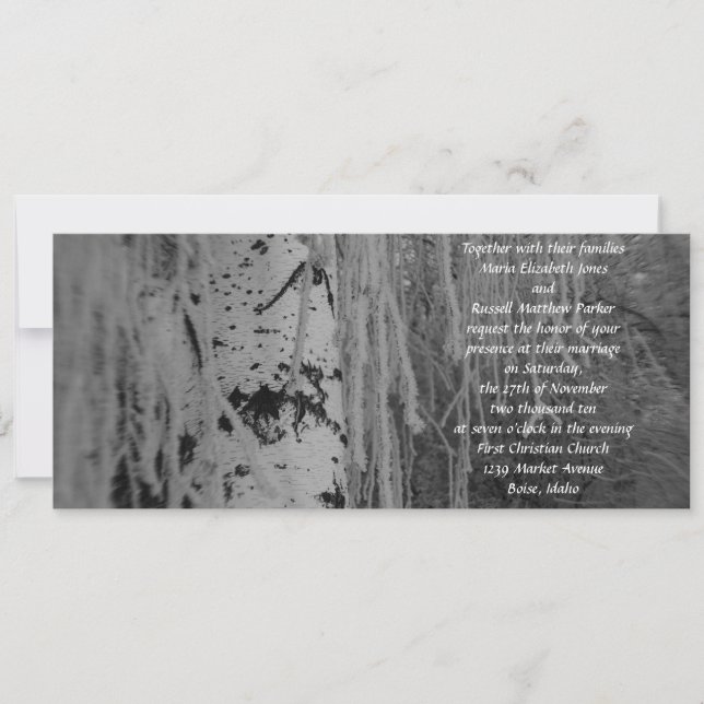 Invitación Boda blanco y negro del abedul que llora (Anverso)