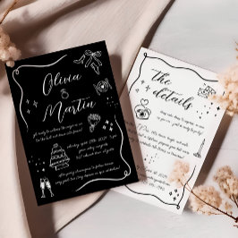 Invitación Boda blanco y negro dibujado a mano
