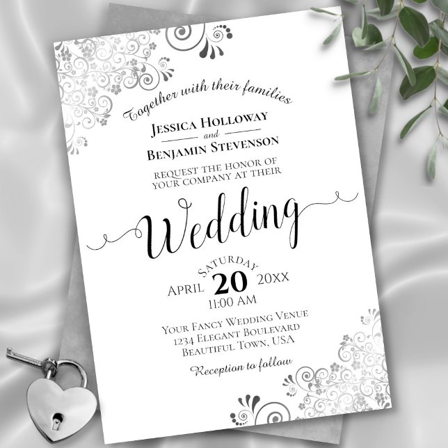 Invitación Boda blanco y negro elegante de colores plateados (In Situ Front/Back)