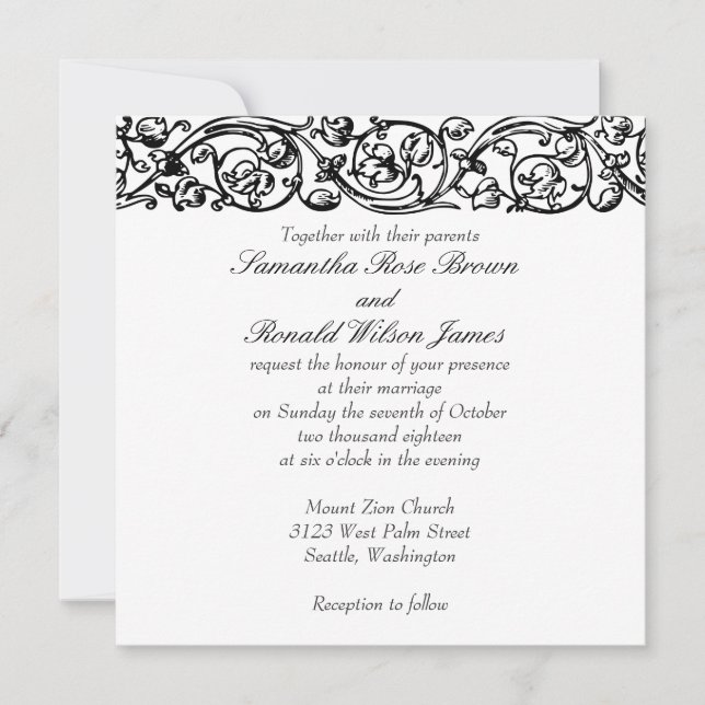 Invitación Boda blanco y negro elegante de estilo formal (Anverso)