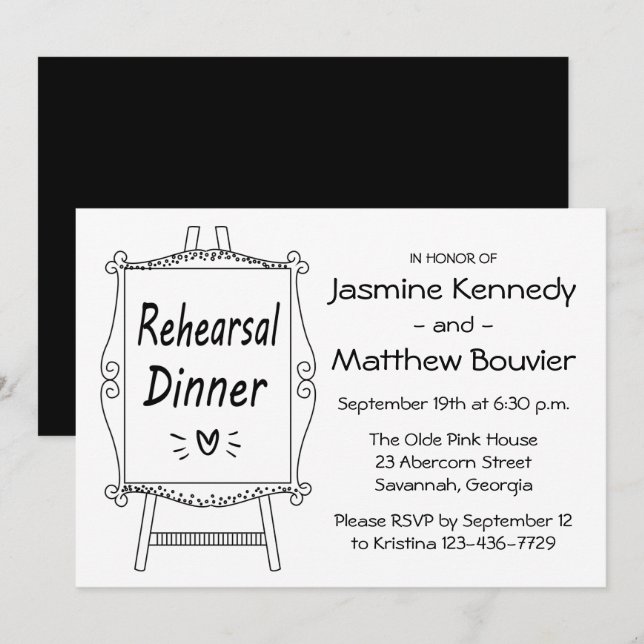 Invitación Boda blanco y negro Ensayo Cena Rótulo de comensal (Anverso / Reverso)